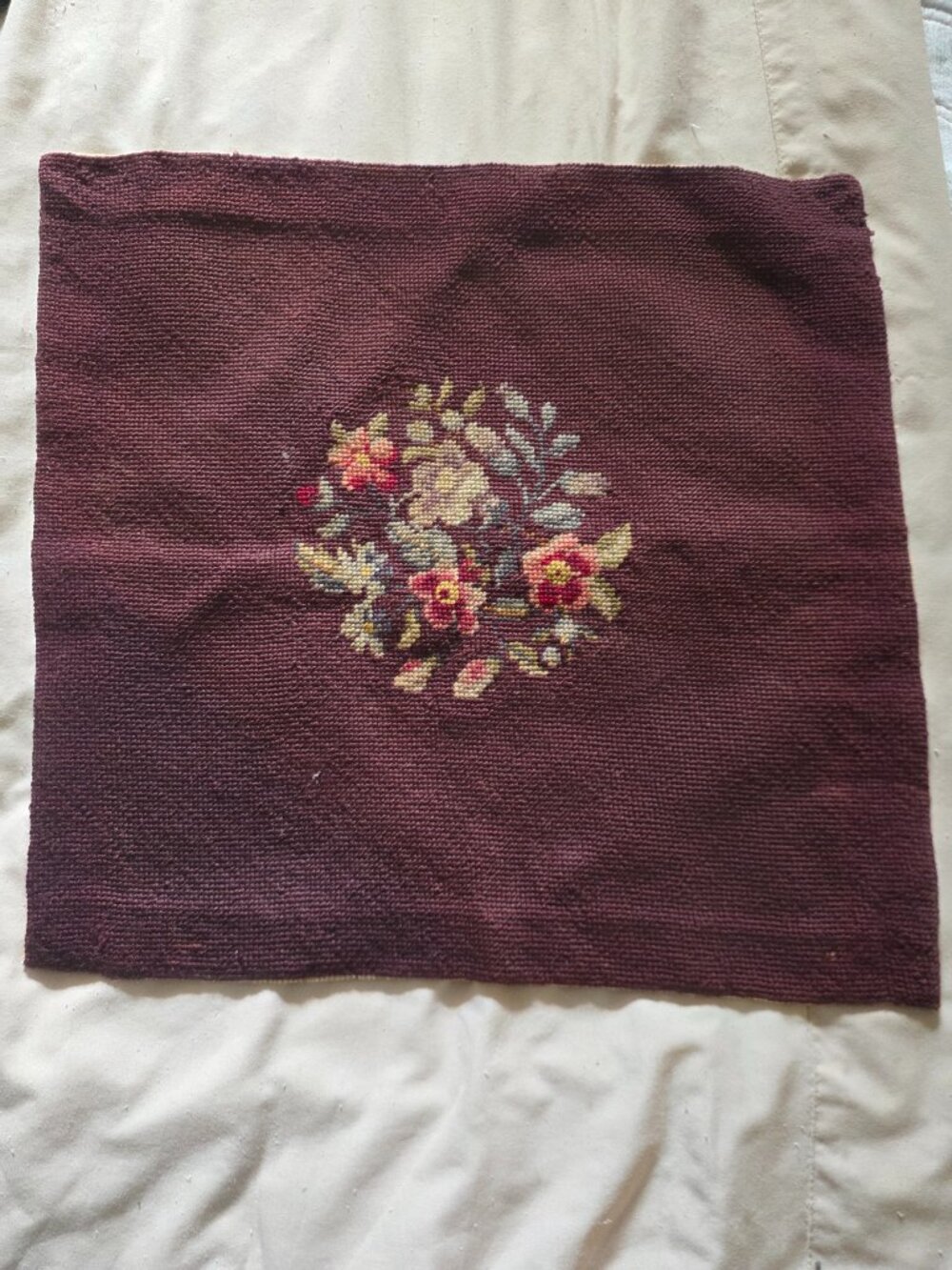 Handmade Needlepoint Panel Unisex 16x18 Brown Good Vintage Floral Petit Pointe